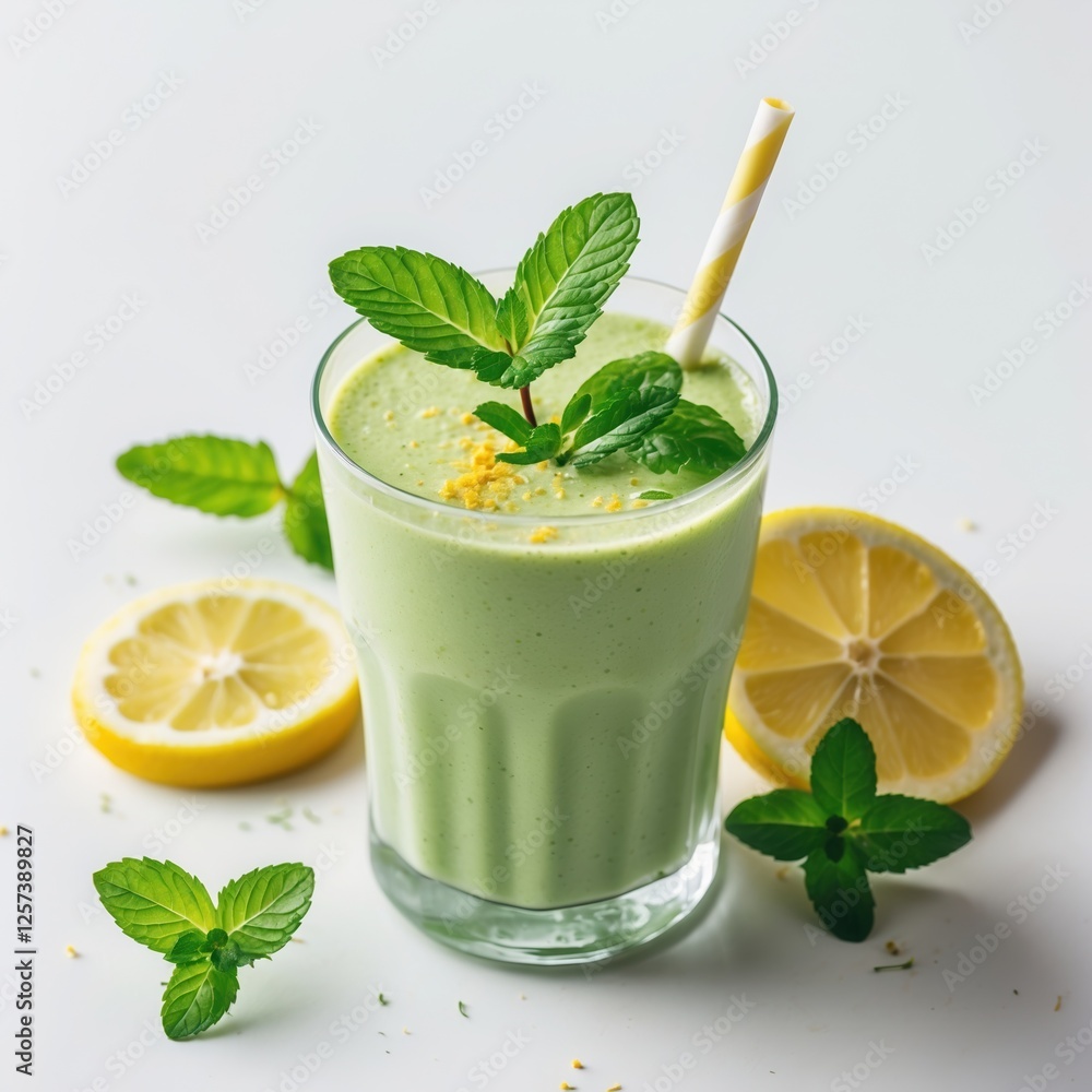 Fototapeta premium Creamy Green Smoothie with Mint and Lemon Garnish