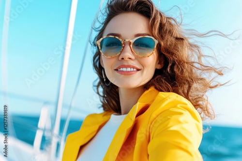 Happy Woman With Wavy Hair Sailing In Bright Outfit photo