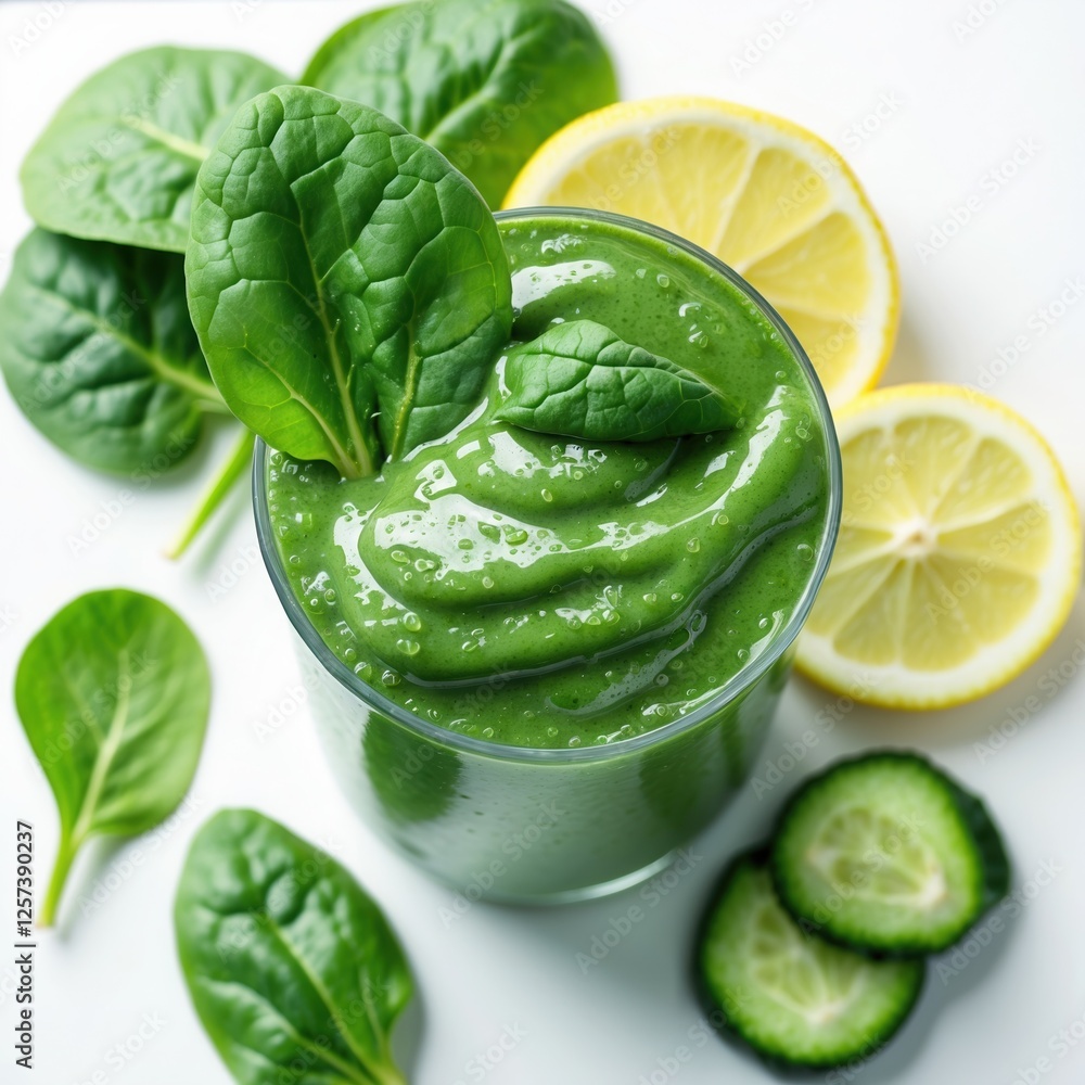 Obraz premium Refreshing Green Spinach Smoothie with Cucumber and Lemon