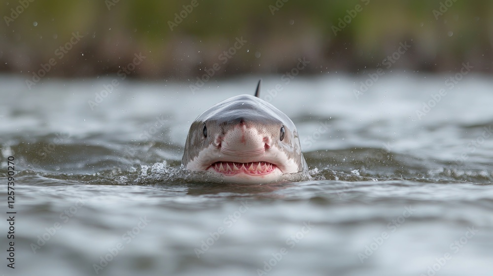 Fototapeta premium Great white shark head emerges from murky river water near a grassy shoreline during the day.