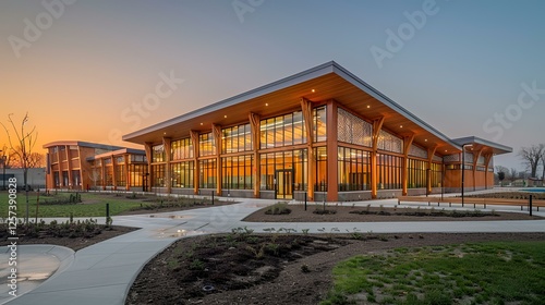 Modern community center at golden hour, spacious interior visible, outdoor paths and landscaping. Possible use for showcasing architectural design, community engagement