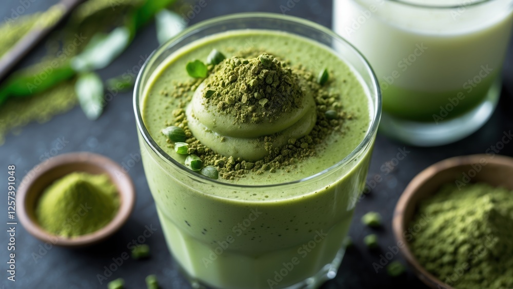 Creamy matcha smoothie topped with green powder in clear glass. Creamy matcha smoothie topped with green powder in clear glass.