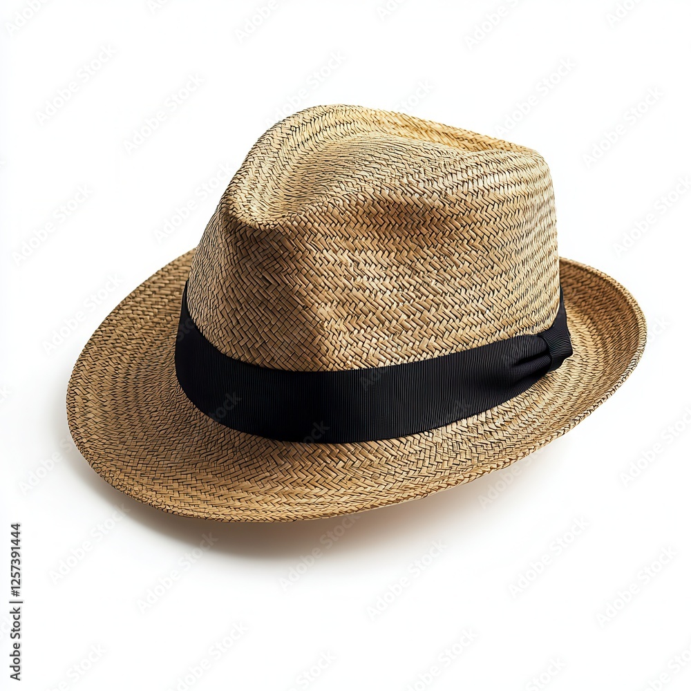 Straw fedora hat, studio shot, white background, summer fashion Straw fedora hat, studio shot, white background, summer fashion