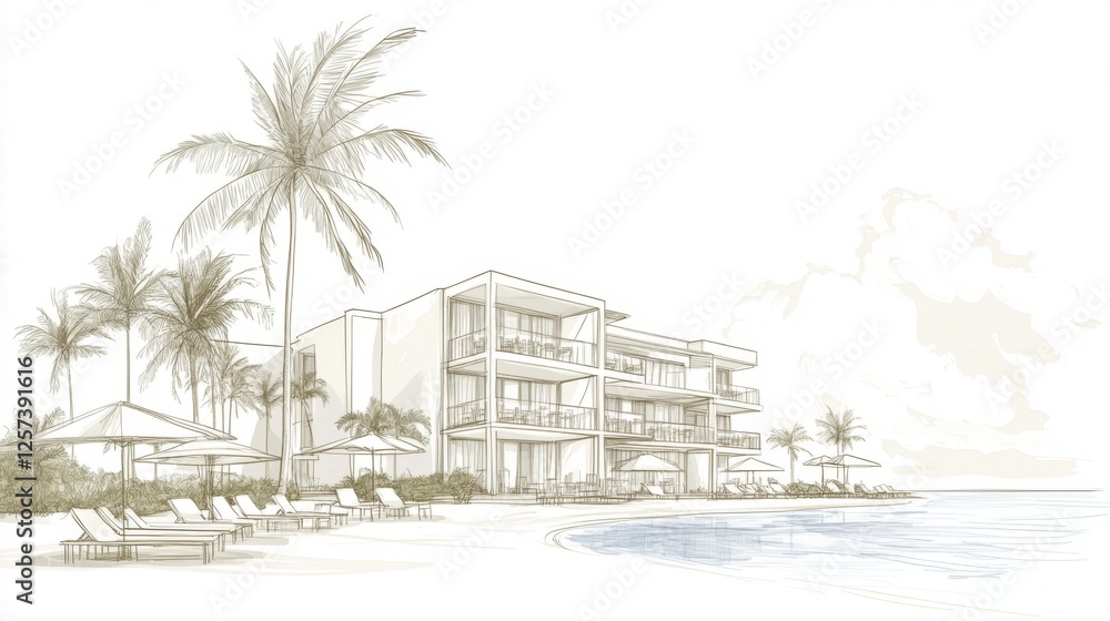Obraz premium Tropical Beach Resort Sketch Oceanfront building, palm trees, pool, lounge chairs