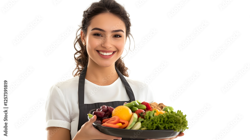 A Happy Waitress and Food Service Woman, Isolated on White Background A Happy Waitress and Food Service Woman, Isolated on White Background