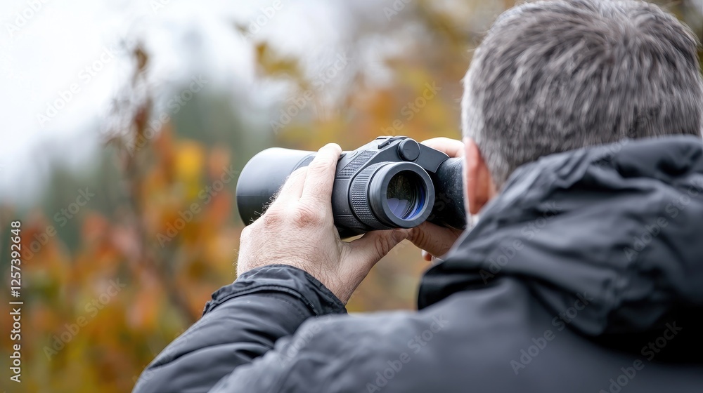 Man using binoculars in autumn forest. Possible stock photo use Man using binoculars in autumn forest. Possible stock photo use