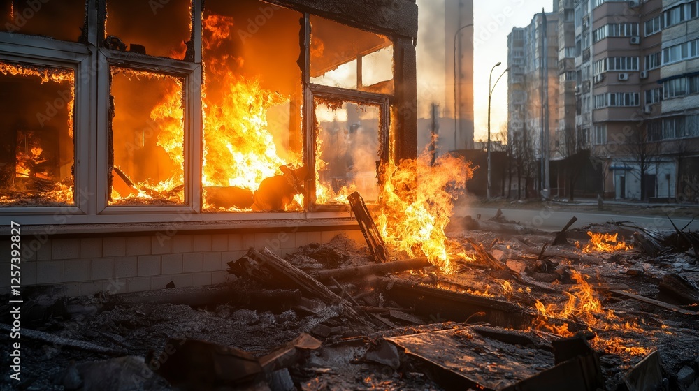 Intense flames engulf a building amidst a stark urban landscape during twilight hours. Generative AI Intense flames engulf a building amidst a stark urban landscape during twilight hours. Generative AI