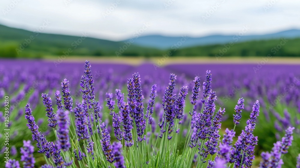 Fototapeta premium Lavender Field Blossoms Mountain Background