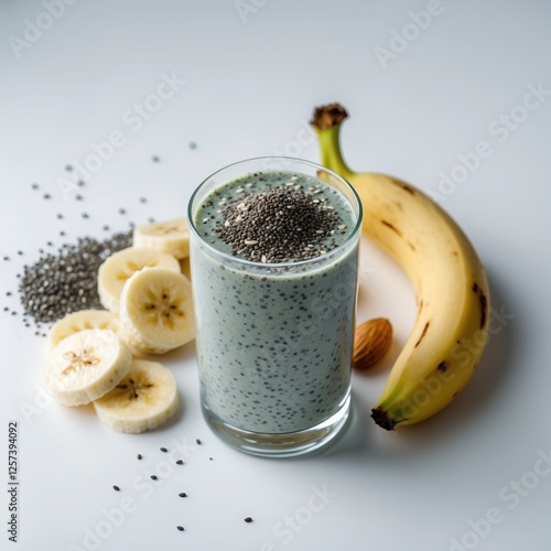 Smoothie with chia seeds, banana, and almonds - a healthy and refreshing drink photo