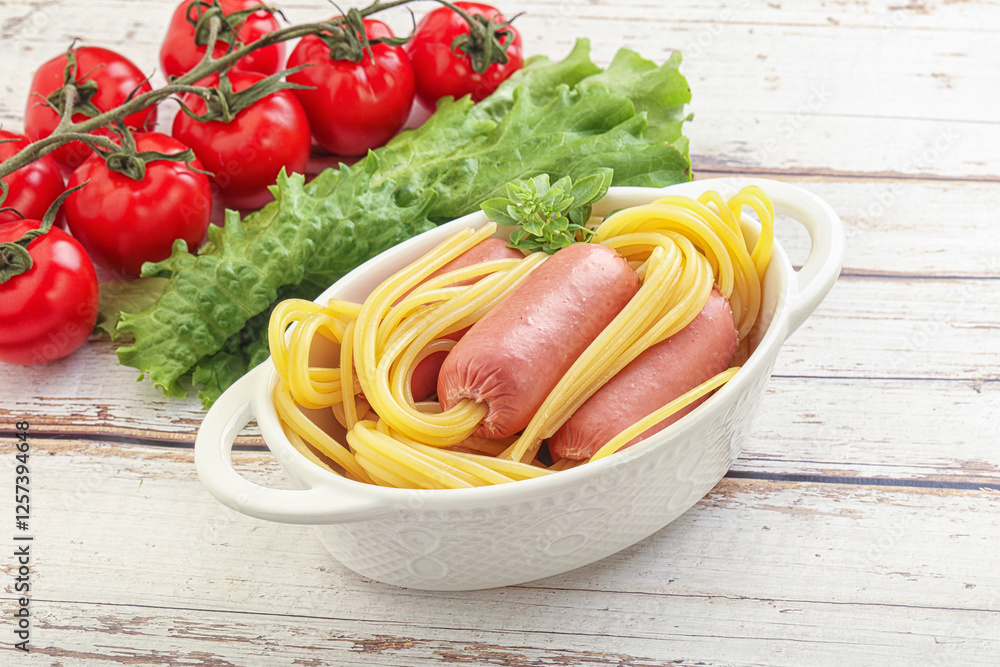 Mini sausages with pasta spaghetti Mini sausages with pasta spaghetti
