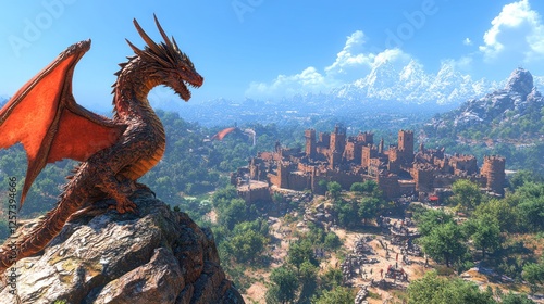 Dragon overlooking medieval city, fantasy landscape photo