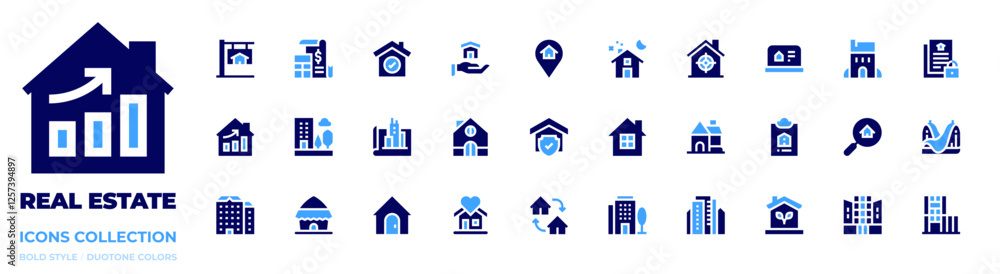 Real estate icon collection. Bold style. Duotone colors. property, success, architect, growing, flats, real estate, building, kutcha, sweet home, house Real estate icon collection. Bold style. Duotone colors. property, success, architect, growing, flats, real estate, building, kutcha, sweet home, house