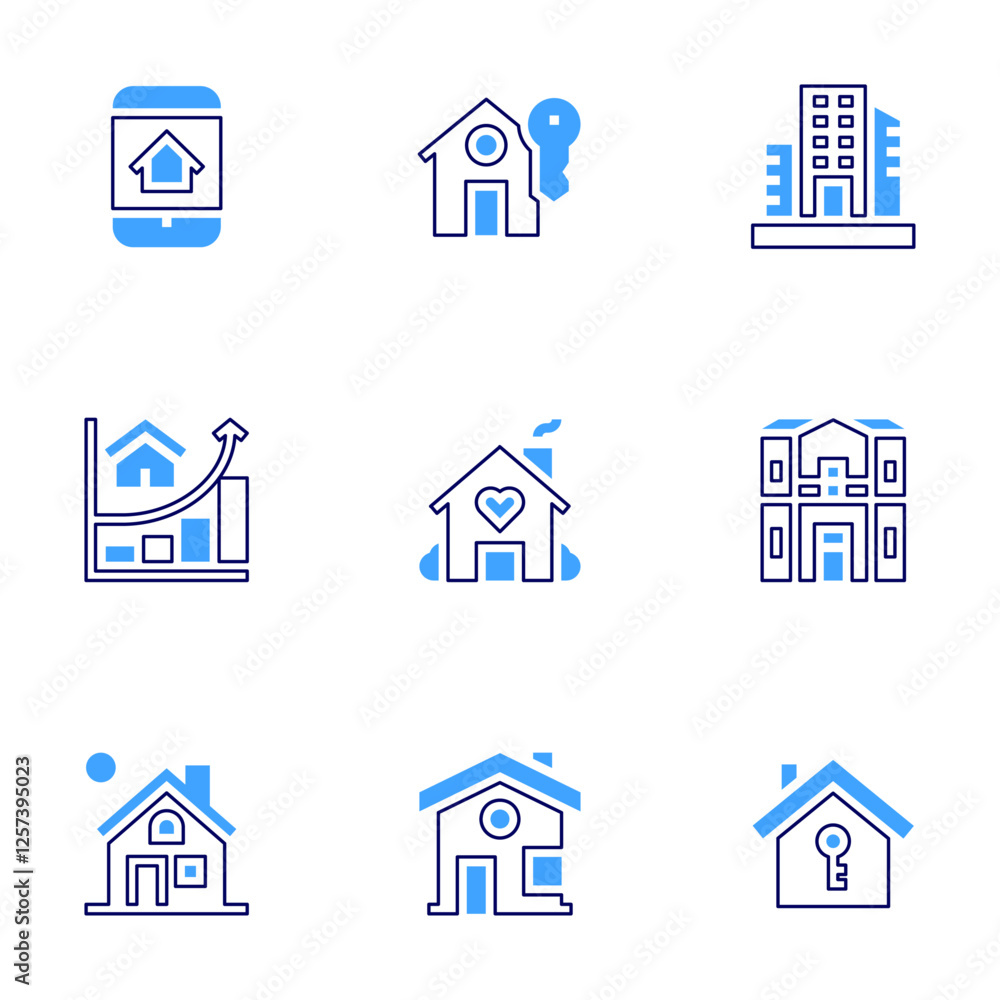 Real estate icon set. Bold line style. Duotone colors. Editable stroke. buy home, house, loan, modern house, building, address Real estate icon set. Bold line style. Duotone colors. Editable stroke. buy home, house, loan, modern house, building, address
