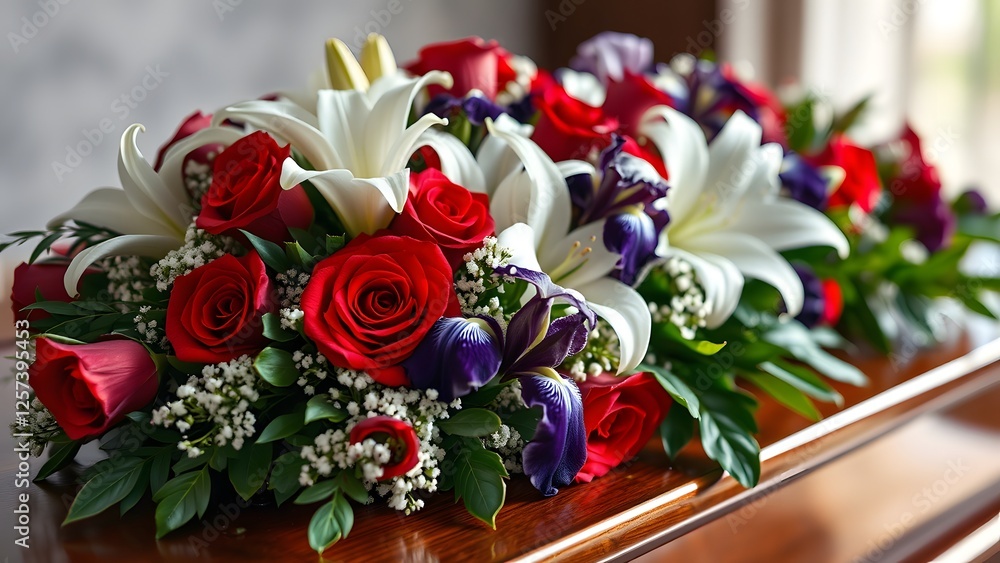 Obraz premium A close-up shows a lush arrangement of red roses, white lilies, purple irises, and baby's breath, placed on a wooden surface.