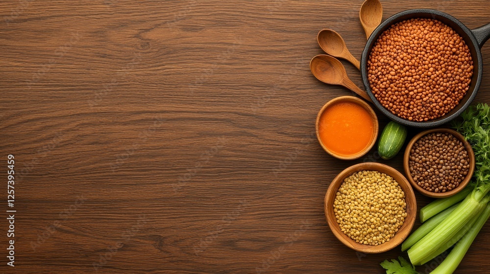 Assortment of Grains and Vegetables on Wooden Table Assortment of Grains and Vegetables on Wooden Table