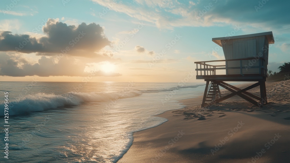 Lifeguard tower at sunrise with waves gently lapping the sandy beach Lifeguard tower at sunrise with waves gently lapping the sandy beach
