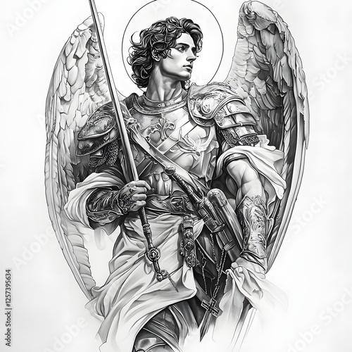 Monochrome image shows winged angel in ornate armor holding a spear, featuring a halo and a determined facial expression.