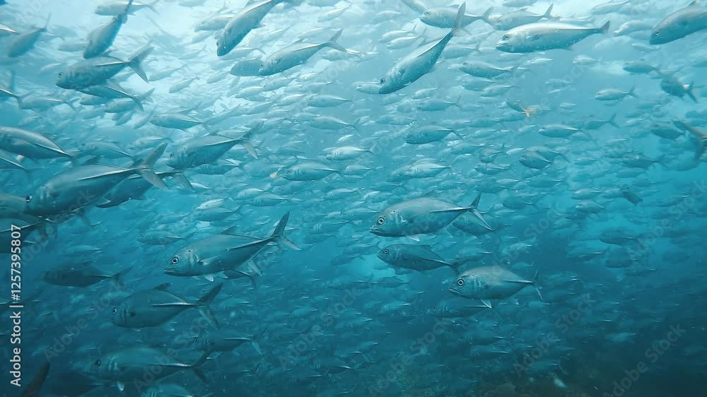 Immersive view inside a giant school of jacks (Carangidae) at Sail Rock, Thailand. The mesmerizing movement of these silvery fish creates an enchanting underwater experience. Immersive view inside a giant school of jacks (Carangidae) at Sail Rock, Thailand. The mesmerizing movement of these silvery fish creates an enchanting underwater experience.