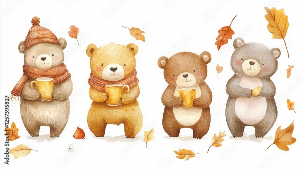 Naklejka premium Set of four cute bears character in warm autumn season painted in watercolor vector illustration on a white isolated background.