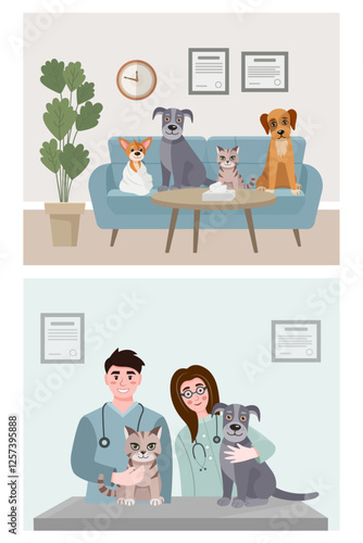 Veterinary clinic. Queue for reception. Veterinary clinical care. Appointment with a veterinarian. Medical treatment, vaccination of animals. Vector illustration.