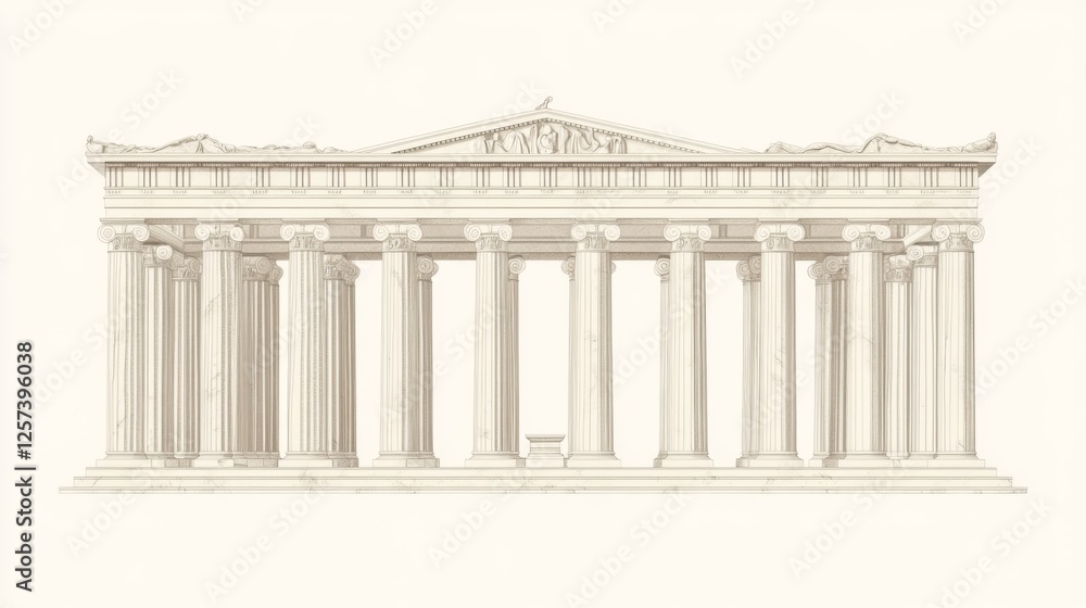 Fototapeta premium Ancient Greek temple facade, columns, white background, architectural design, history lesson