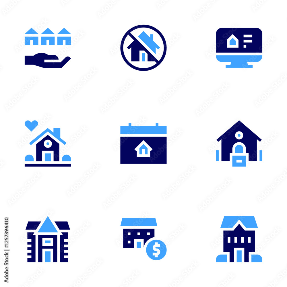 Real estate icon set. Bold style. Duotone colors. valuation, real estate, homeless, eviction, house, calendar, home Real estate icon set. Bold style. Duotone colors. valuation, real estate, homeless, eviction, house, calendar, home