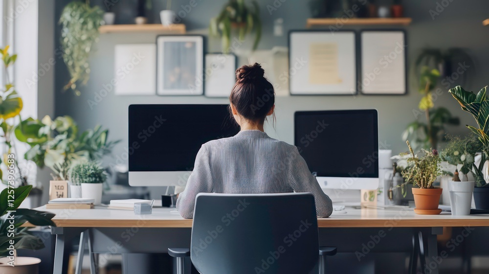 Woman working from home at a desk with two computers, surrounded by plants. Woman working from home at a desk with two computers, surrounded by plants.