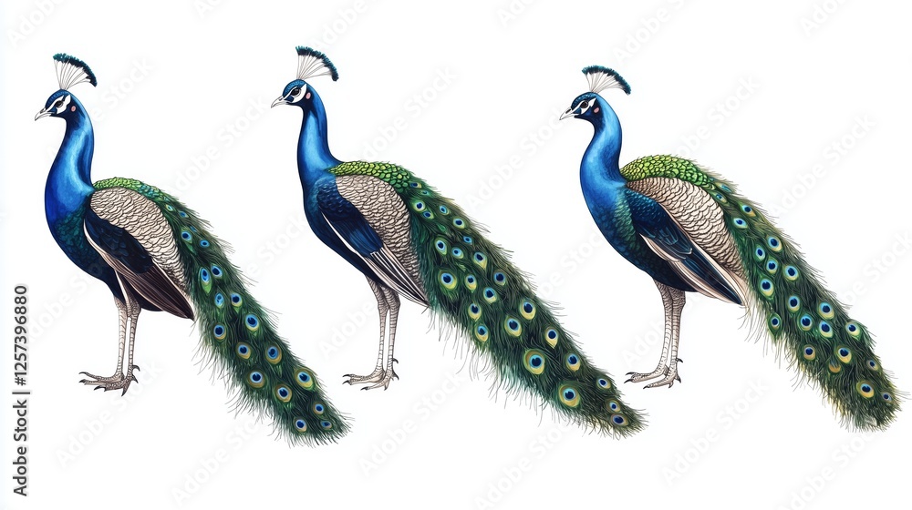 Fototapeta premium set of four peacocks animal bird white background. 
