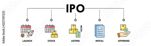 Initial Public Offering web icon vector illustration concept with icon of launch, stock, listing, initial, and offering