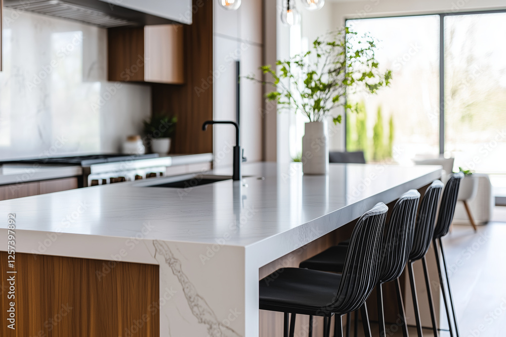 Fototapeta premium Modern Kitchen Island With White Marble Countertop