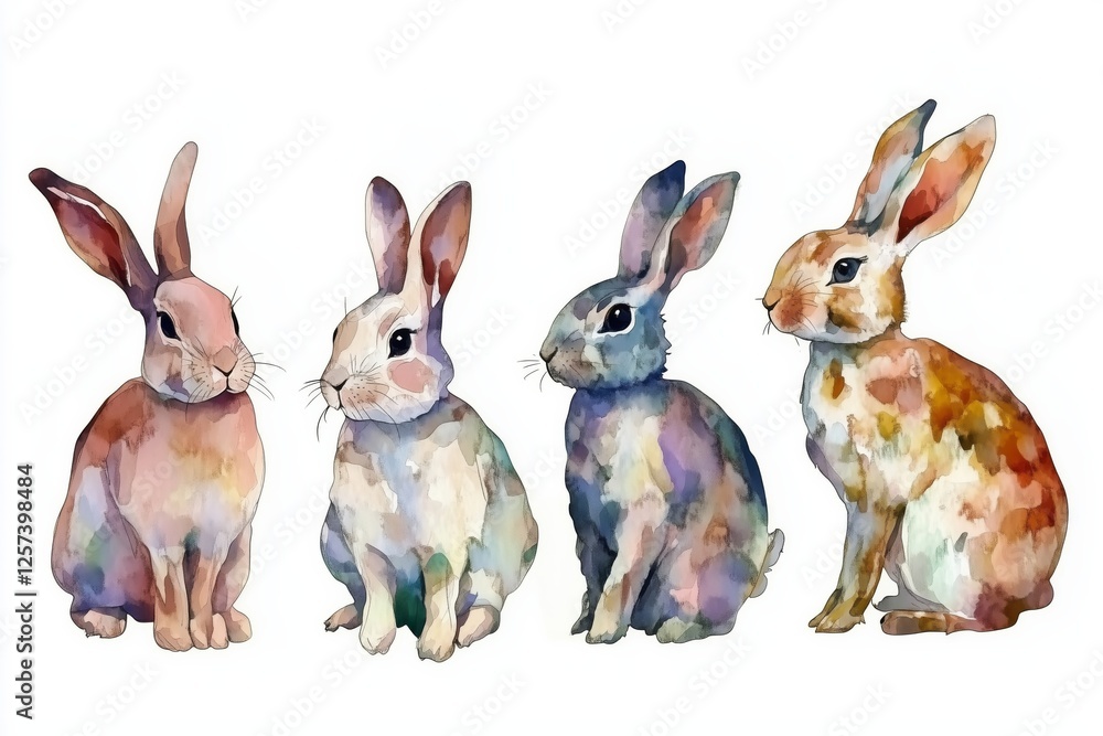 Fototapeta premium set of four watercolor rabbits isolated on white background