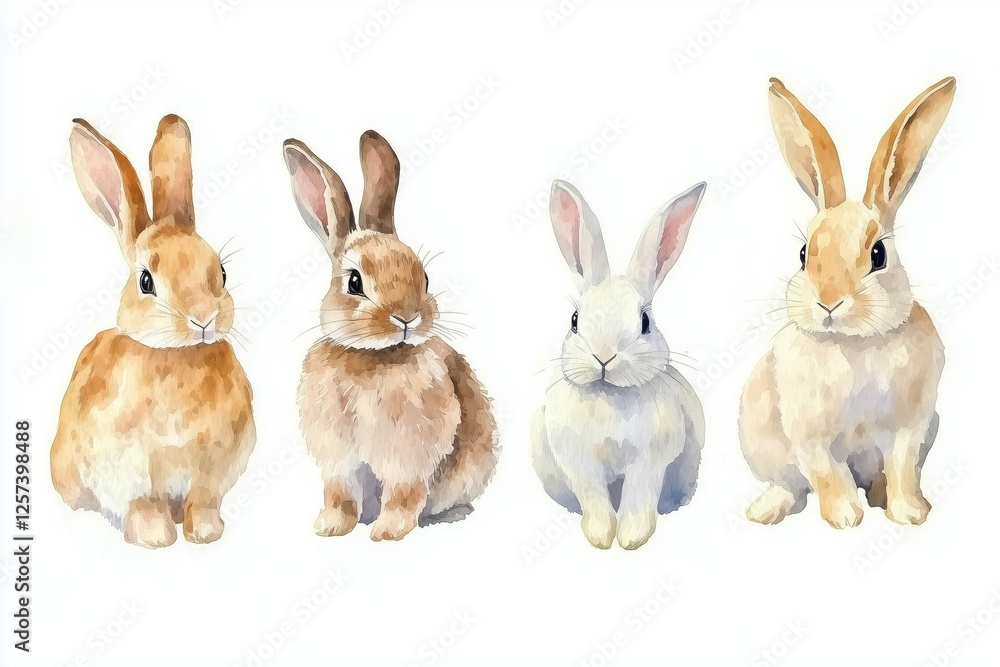 Fototapeta premium set of four watercolor rabbits isolated on white background