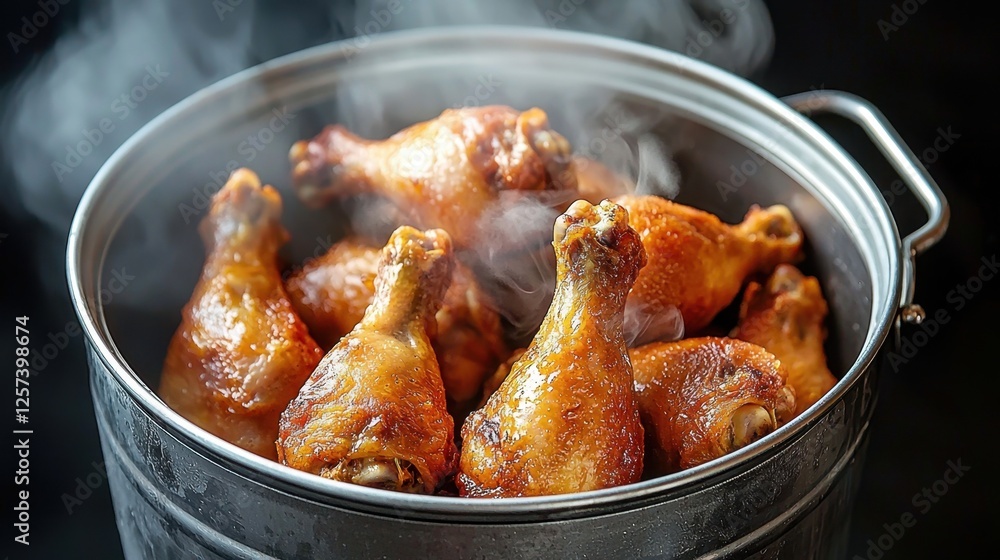 A steaming bucket of freshly fried golden chicken, crispy and full of flavor. Ideal for advertising. A steaming bucket of freshly fried golden chicken, crispy and full of flavor. Ideal for advertising.