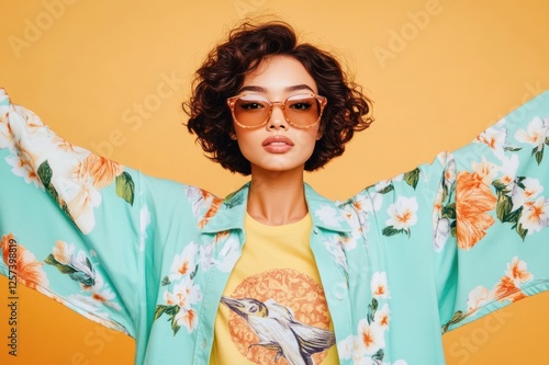 A confident woman poses in trendy attire, showcasing her stylish glasses and a fun graphic tee, embodying mode photo