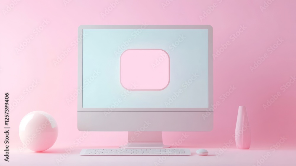 Pink Minimalist Computer Workspace, Modern Aesthetic Display Pink Minimalist Computer Workspace, Modern Aesthetic Display