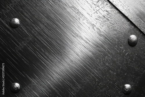 Striated dark metal surface with rivets; diagonal lines and texture. Ideal for backgrounds, industrial themes, or metallic textures needing a grunge aesthetic. photo