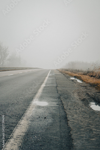 Obraz na płótnie Empty highway in the fog. Bad weather on the road. Road on foggy day in perspective with copy space. Driving conditions concept. Ghostly misty road. Caution and danger on the road. Moody weather w salonie