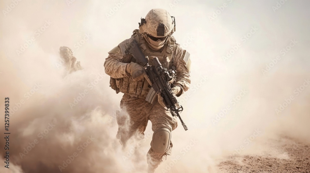 Fototapeta premium Soldier Charging Through Dusty Battlefield Scene