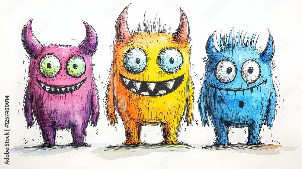Whimsical Illustration - Trio of Colorful, Furry Monsters with Horns and Big Eyes Whimsical Illustration - Trio of Colorful, Furry Monsters with Horns and Big Eyes