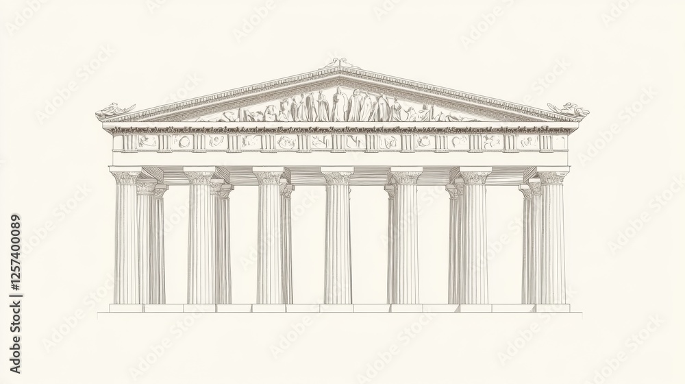 Fototapeta premium Grecian temple facade, columns, architectural design, white background, history illustration