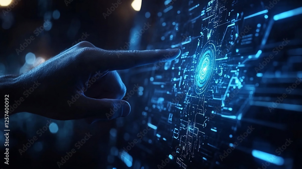 Fototapeta premium Hand interacts with futuristic digital interface; glowing background