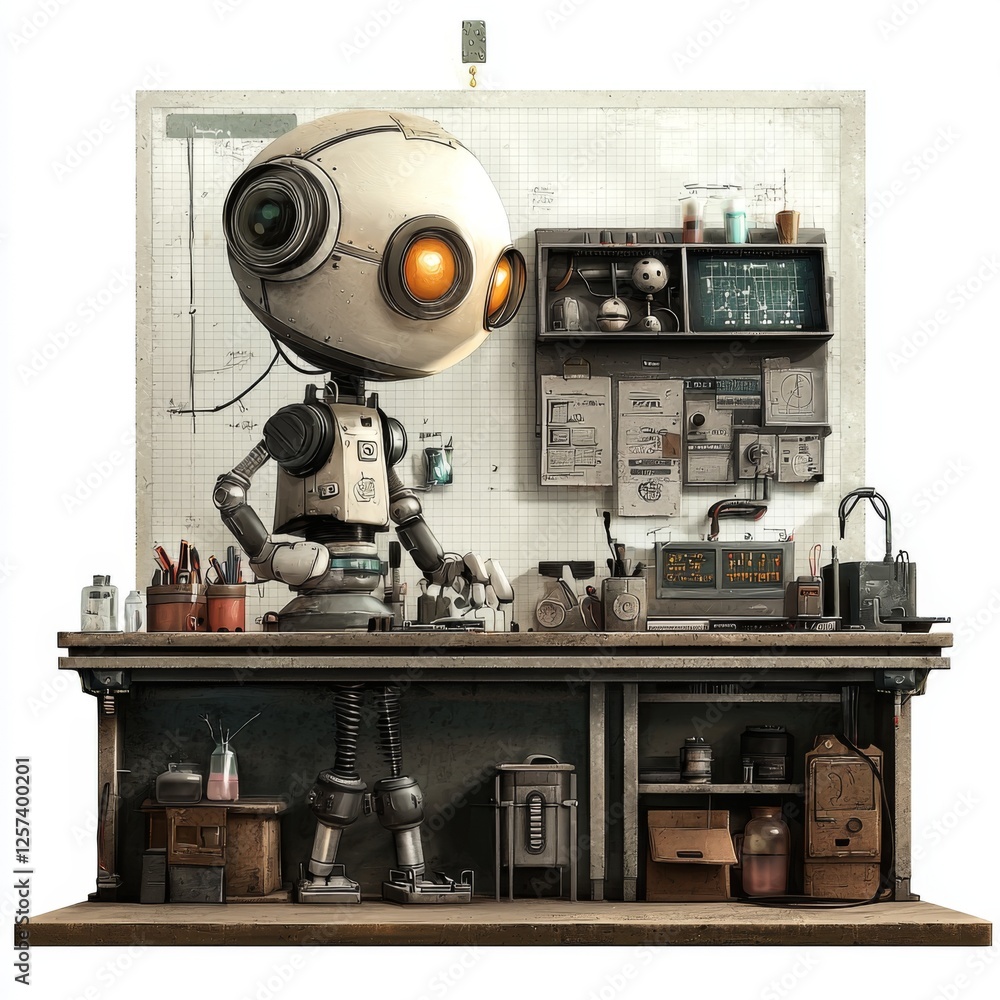 Fototapeta premium Humanoid Robot in a Laboratory Setting Surrounded by Scientific Equipment and Tools for Innovative Research