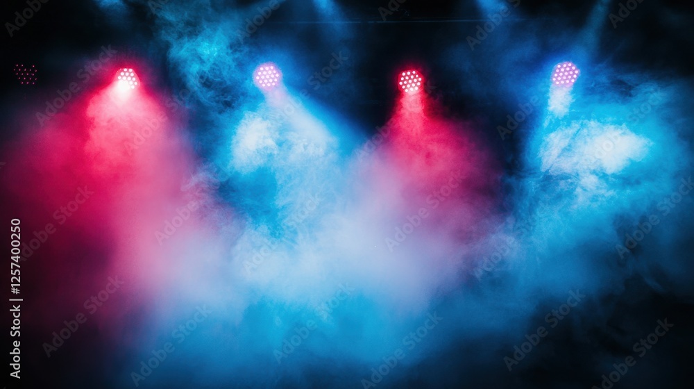 A stunning concert background filled with vibrant red and blue laser beams cutting through fog. A stunning concert background filled with vibrant red and blue laser beams cutting through fog.