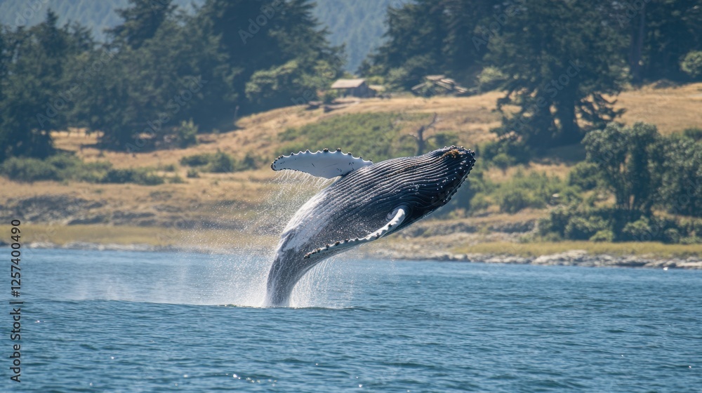 Obraz premium A humpback whale breaches the water, showcasing its size and grace in a natural setting.