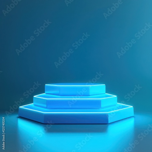 A minimalist badge mockup is showcased in a softly lit studio  highlighted by a hexagonal neon blue podium with fragmented glowing tiers.