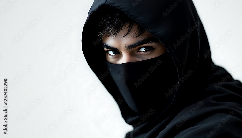 Mysterious Gaze: A hooded figure with a masked face Mysterious Gaze: A hooded figure with a masked face