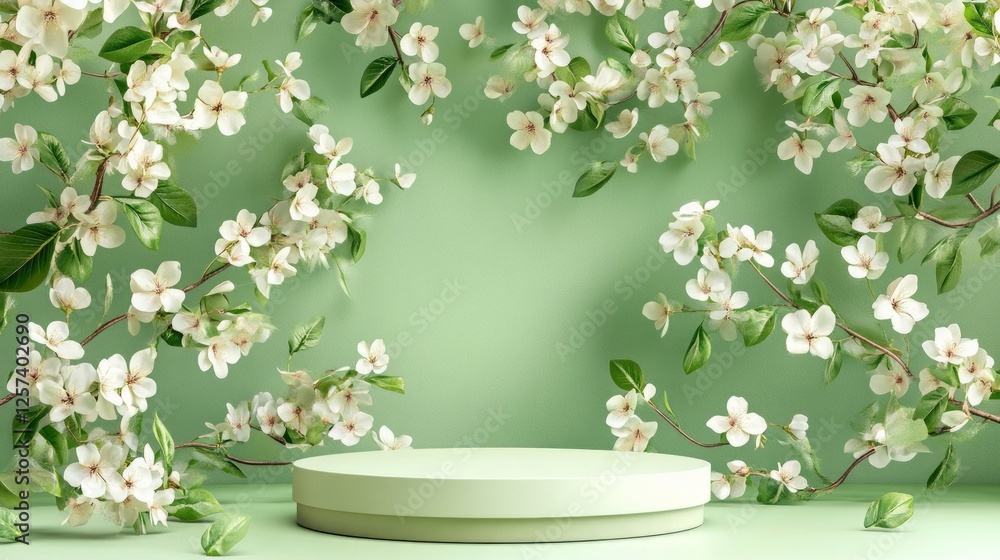 Elegant Podium with Blossoming Branches on a Fresh Green Leaves and White Flowers Elegant Podium with Blossoming Branches on a Fresh Green Leaves and White Flowers