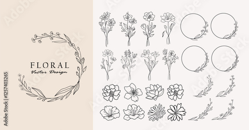 Botanical decorative design set. Beautiful  line art flower bouquets, frames, leaves set. Hand drawn botanical vector set. Trendy floral wildflowers and decoration set.