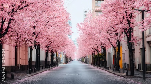 A serene street lined with blooming cherry blossom trees, creating a picturesque and tranquil atmosphere.