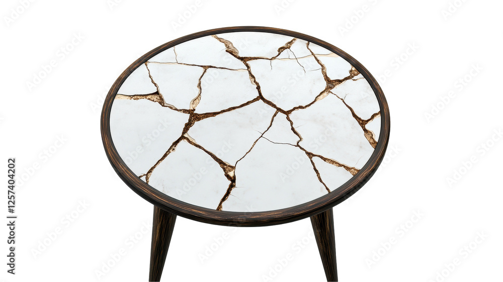 A stylish round table with a cracked marble top, perfect for modern home decor. transparent background A stylish round table with a cracked marble top, perfect for modern home decor. transparent background